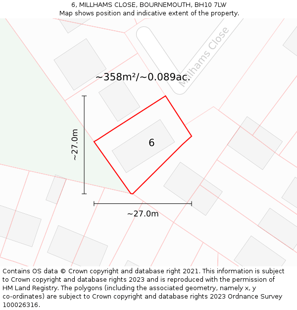 6, MILLHAMS CLOSE, BOURNEMOUTH, BH10 7LW: Plot and title map