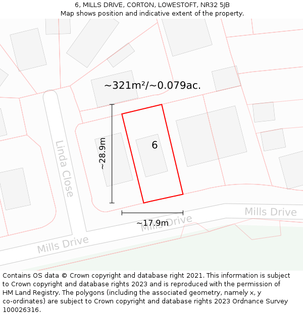 6, MILLS DRIVE, CORTON, LOWESTOFT, NR32 5JB: Plot and title map
