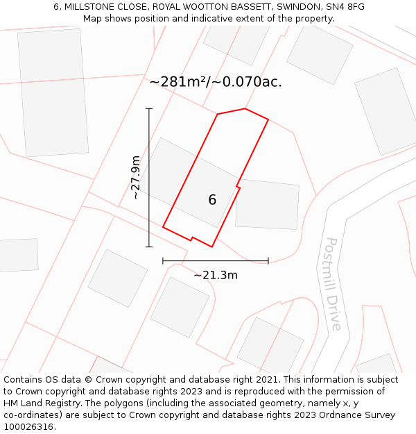 6, MILLSTONE CLOSE, ROYAL WOOTTON BASSETT, SWINDON, SN4 8FG: Plot and title map