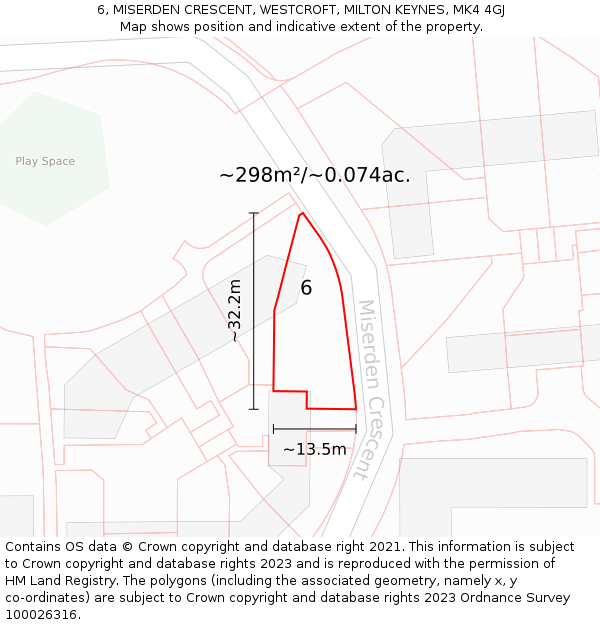 6, MISERDEN CRESCENT, WESTCROFT, MILTON KEYNES, MK4 4GJ: Plot and title map