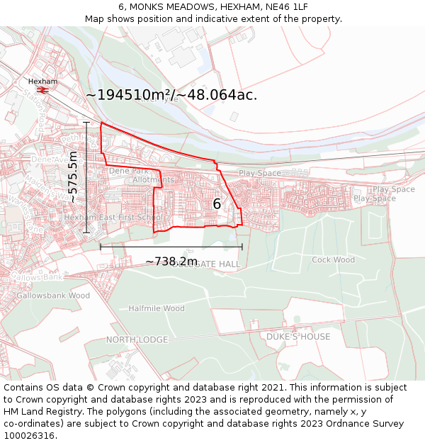 6, MONKS MEADOWS, HEXHAM, NE46 1LF: Plot and title map