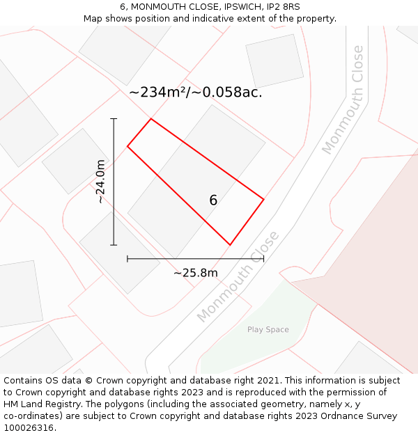 6, MONMOUTH CLOSE, IPSWICH, IP2 8RS: Plot and title map