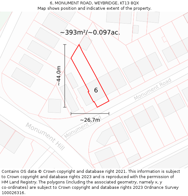 6, MONUMENT ROAD, WEYBRIDGE, KT13 8QX: Plot and title map