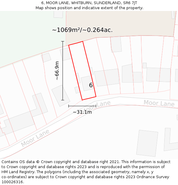 6, MOOR LANE, WHITBURN, SUNDERLAND, SR6 7JT: Plot and title map