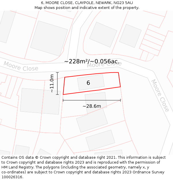 6, MOORE CLOSE, CLAYPOLE, NEWARK, NG23 5AU: Plot and title map
