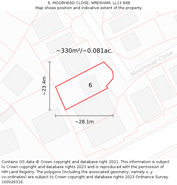 6, MOORHEAD CLOSE, WREXHAM, LL13 9XB: Plot and title map