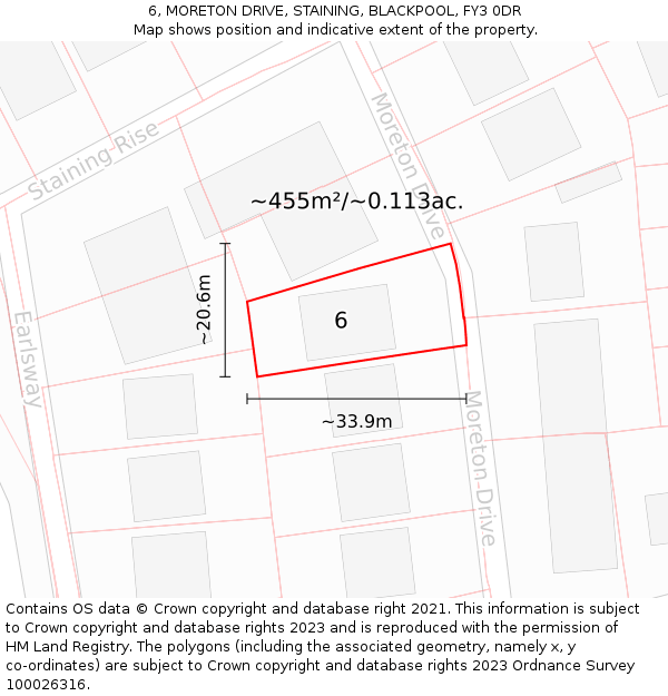 6, MORETON DRIVE, STAINING, BLACKPOOL, FY3 0DR: Plot and title map