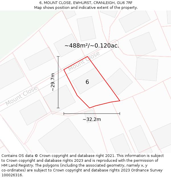 6, MOUNT CLOSE, EWHURST, CRANLEIGH, GU6 7RF: Plot and title map