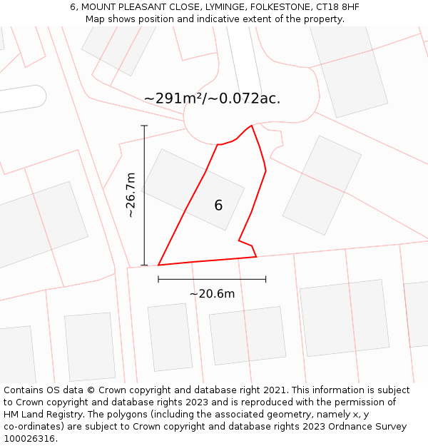 6, MOUNT PLEASANT CLOSE, LYMINGE, FOLKESTONE, CT18 8HF: Plot and title map