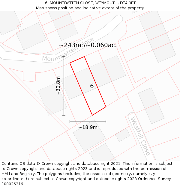 6, MOUNTBATTEN CLOSE, WEYMOUTH, DT4 9ET: Plot and title map