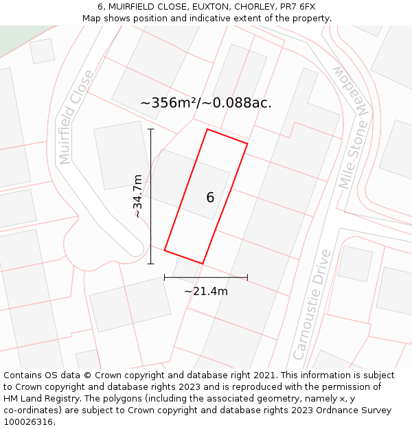 6, MUIRFIELD CLOSE, EUXTON, CHORLEY, PR7 6FX: Plot and title map