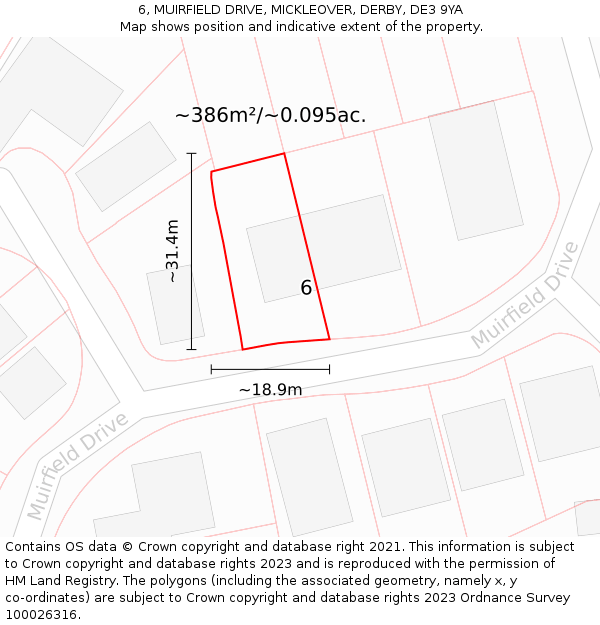 6, MUIRFIELD DRIVE, MICKLEOVER, DERBY, DE3 9YA: Plot and title map