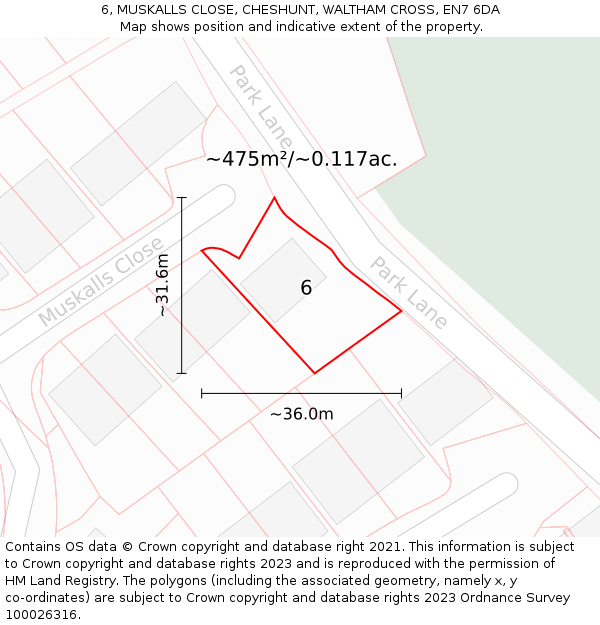 6, MUSKALLS CLOSE, CHESHUNT, WALTHAM CROSS, EN7 6DA: Plot and title map