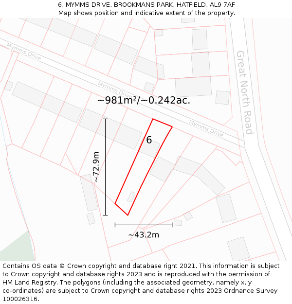 6, MYMMS DRIVE, BROOKMANS PARK, HATFIELD, AL9 7AF: Plot and title map
