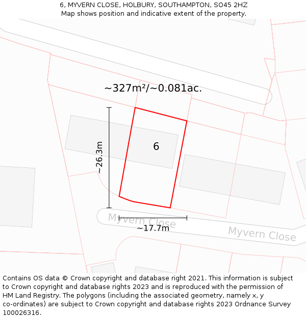 6, MYVERN CLOSE, HOLBURY, SOUTHAMPTON, SO45 2HZ: Plot and title map