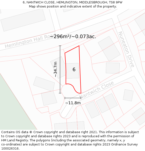 6, NANTWICH CLOSE, HEMLINGTON, MIDDLESBROUGH, TS8 9PW: Plot and title map
