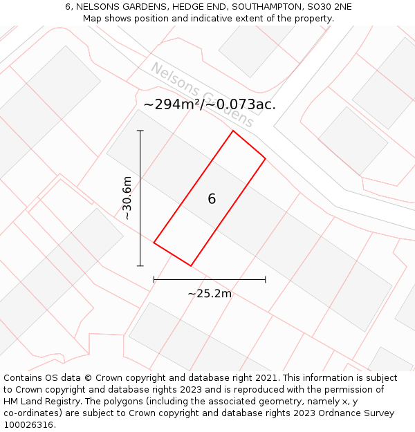 6, NELSONS GARDENS, HEDGE END, SOUTHAMPTON, SO30 2NE: Plot and title map