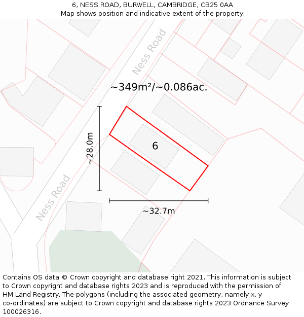 6, NESS ROAD, BURWELL, CAMBRIDGE, CB25 0AA: Plot and title map