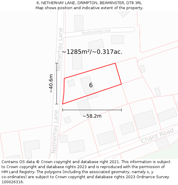 6, NETHERHAY LANE, DRIMPTON, BEAMINSTER, DT8 3RL: Plot and title map