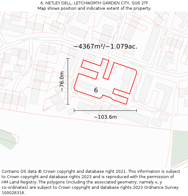 6, NETLEY DELL, LETCHWORTH GARDEN CITY, SG6 2TF: Plot and title map