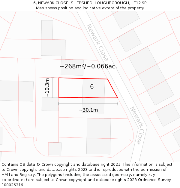 6, NEWARK CLOSE, SHEPSHED, LOUGHBOROUGH, LE12 9PJ: Plot and title map