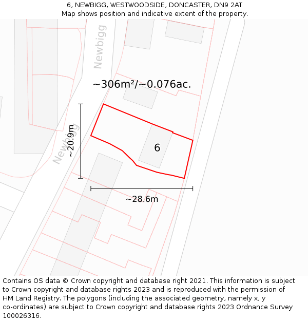 6, NEWBIGG, WESTWOODSIDE, DONCASTER, DN9 2AT: Plot and title map