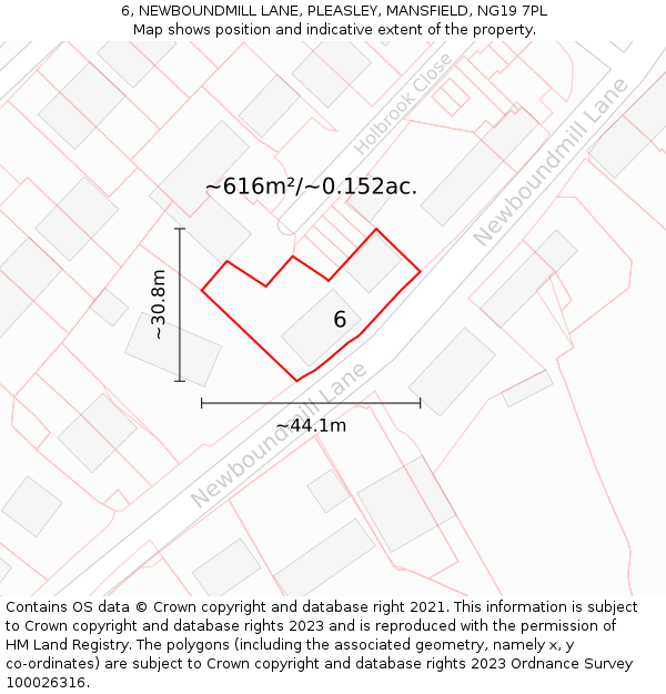 6, NEWBOUNDMILL LANE, PLEASLEY, MANSFIELD, NG19 7PL: Plot and title map