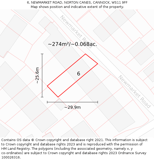 6, NEWMARKET ROAD, NORTON CANES, CANNOCK, WS11 9FF: Plot and title map