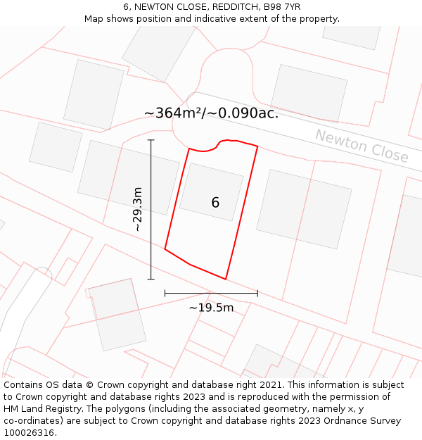 6, NEWTON CLOSE, REDDITCH, B98 7YR: Plot and title map