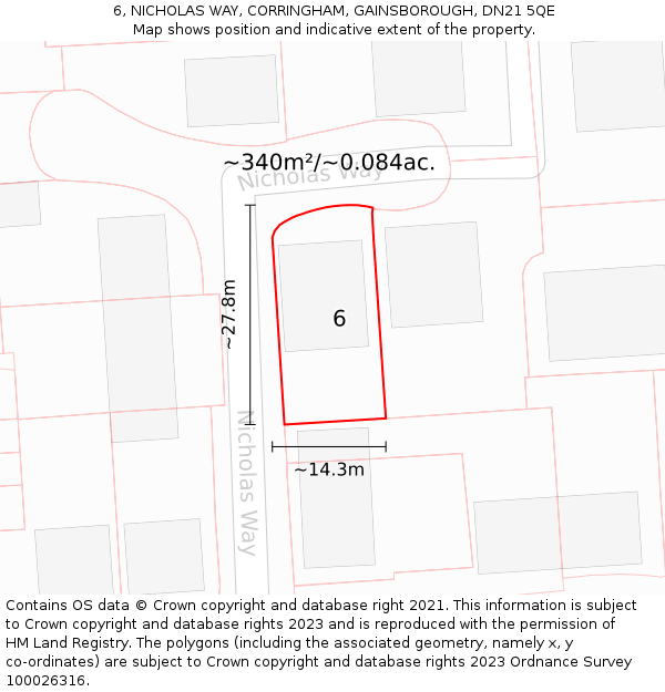 6, NICHOLAS WAY, CORRINGHAM, GAINSBOROUGH, DN21 5QE: Plot and title map
