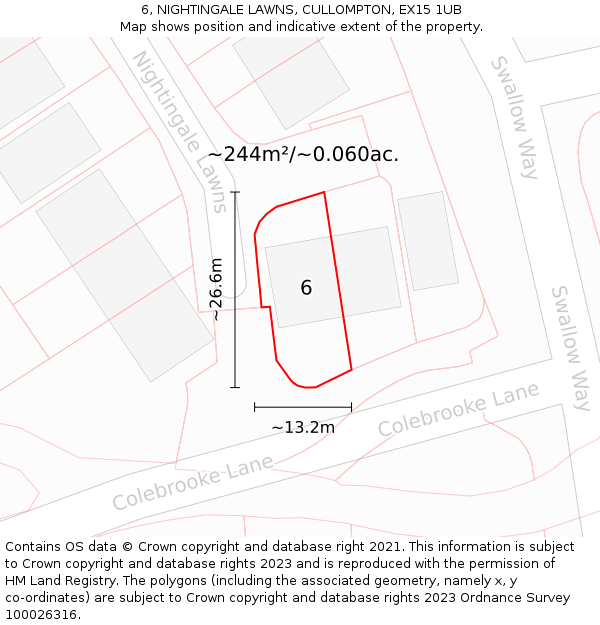 6, NIGHTINGALE LAWNS, CULLOMPTON, EX15 1UB: Plot and title map