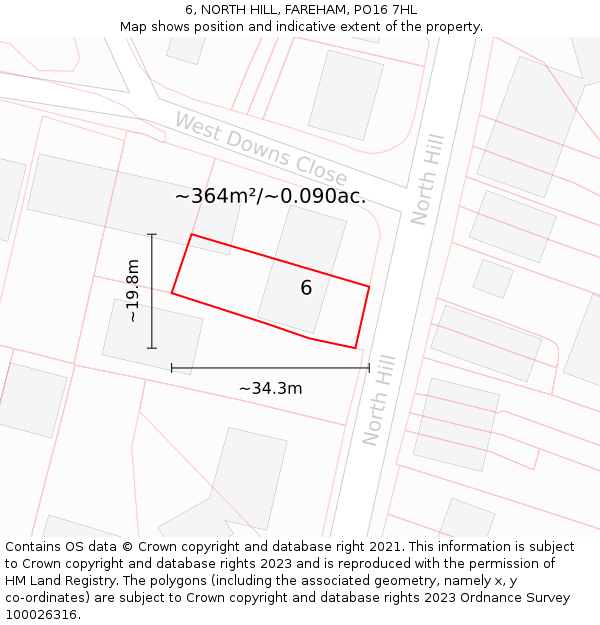 6, NORTH HILL, FAREHAM, PO16 7HL: Plot and title map