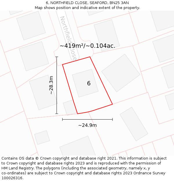 6, NORTHFIELD CLOSE, SEAFORD, BN25 3AN: Plot and title map