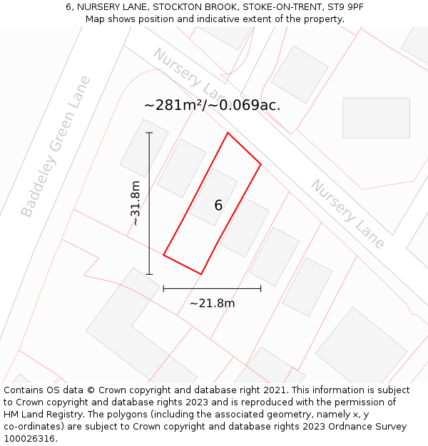 6, NURSERY LANE, STOCKTON BROOK, STOKE-ON-TRENT, ST9 9PF: Plot and title map