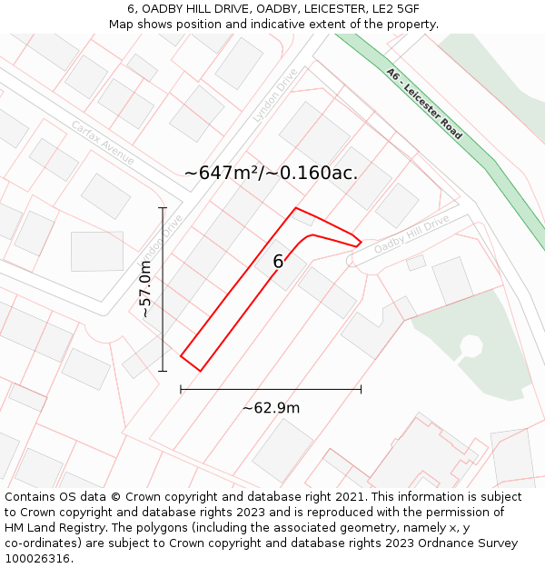 6, OADBY HILL DRIVE, OADBY, LEICESTER, LE2 5GF: Plot and title map