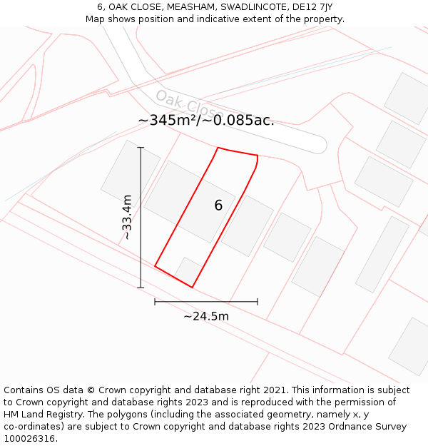 6, OAK CLOSE, MEASHAM, SWADLINCOTE, DE12 7JY: Plot and title map