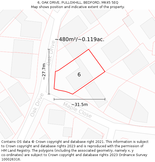 6, OAK DRIVE, PULLOXHILL, BEDFORD, MK45 5EQ: Plot and title map