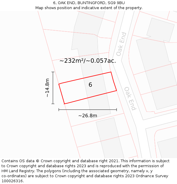6, OAK END, BUNTINGFORD, SG9 9BU: Plot and title map
