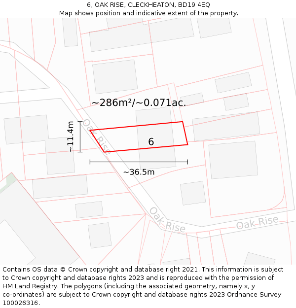 6, OAK RISE, CLECKHEATON, BD19 4EQ: Plot and title map