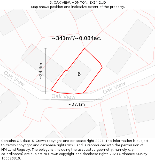 6, OAK VIEW, HONITON, EX14 2UD: Plot and title map