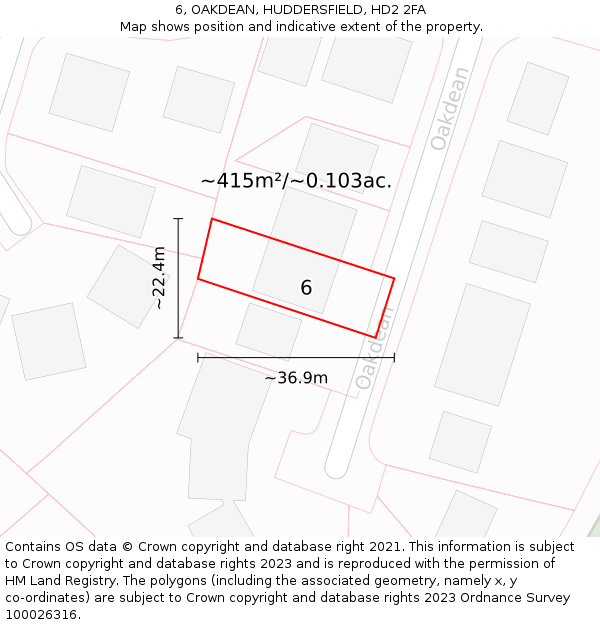 6, OAKDEAN, HUDDERSFIELD, HD2 2FA: Plot and title map