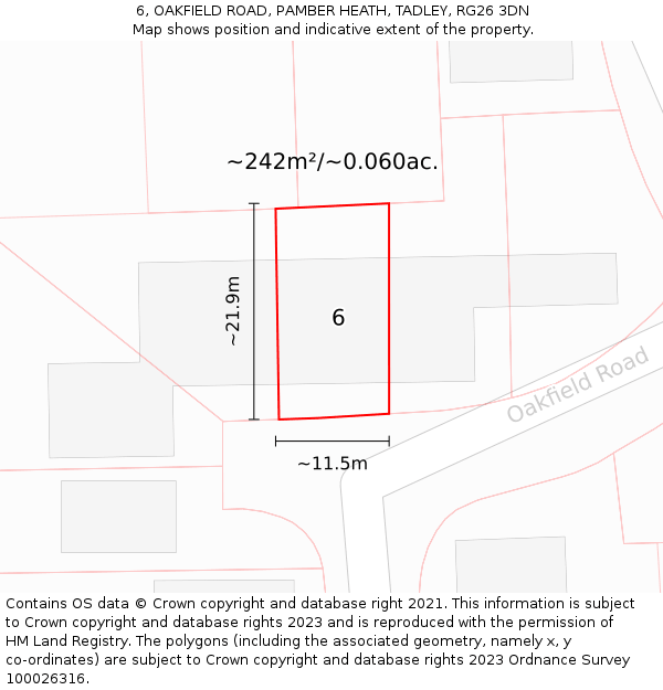 6, OAKFIELD ROAD, PAMBER HEATH, TADLEY, RG26 3DN: Plot and title map