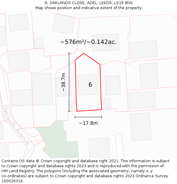 6, OAKLANDS CLOSE, ADEL, LEEDS, LS16 8NS: Plot and title map