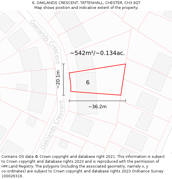 6, OAKLANDS CRESCENT, TATTENHALL, CHESTER, CH3 9QT: Plot and title map