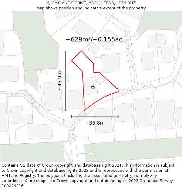 6, OAKLANDS DRIVE, ADEL, LEEDS, LS16 8NZ: Plot and title map