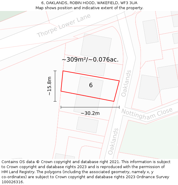 6, OAKLANDS, ROBIN HOOD, WAKEFIELD, WF3 3UA: Plot and title map