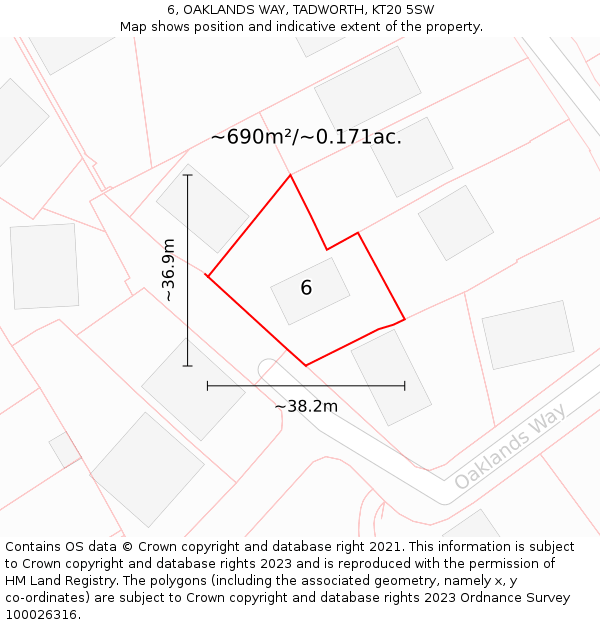 6, OAKLANDS WAY, TADWORTH, KT20 5SW: Plot and title map