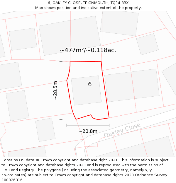6, OAKLEY CLOSE, TEIGNMOUTH, TQ14 8RX: Plot and title map
