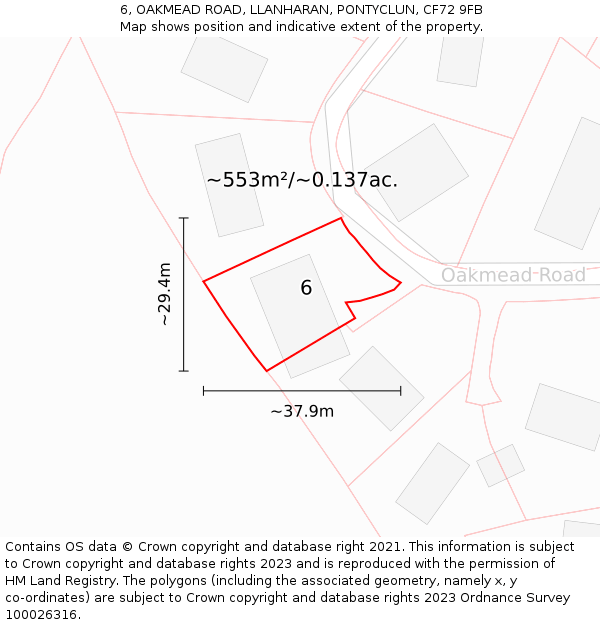 6, OAKMEAD ROAD, LLANHARAN, PONTYCLUN, CF72 9FB: Plot and title map
