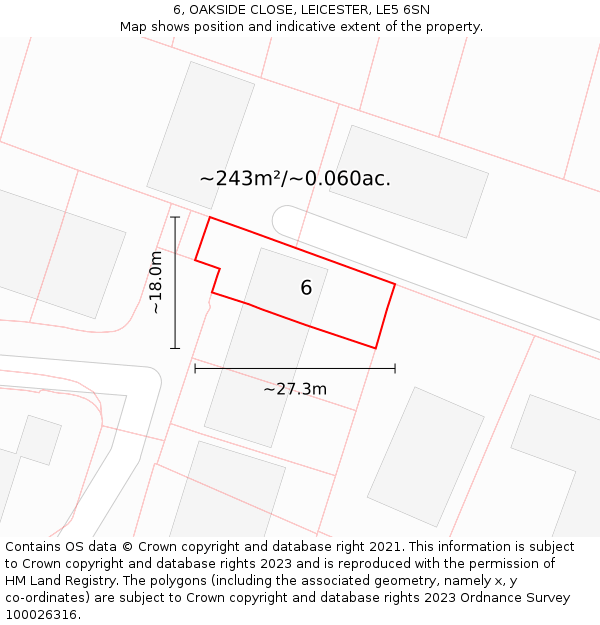 6, OAKSIDE CLOSE, LEICESTER, LE5 6SN: Plot and title map